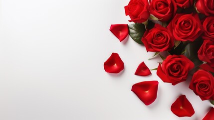 Bouquet of red roses and hearts on white background. Valentine's day, banner format. Place for text
