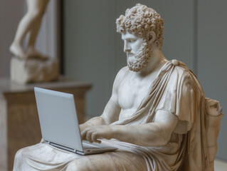 Greek statue of an emperor with a laptop
