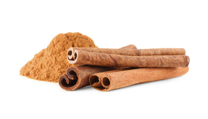 Dry aromatic cinnamon sticks and powder isolated on white