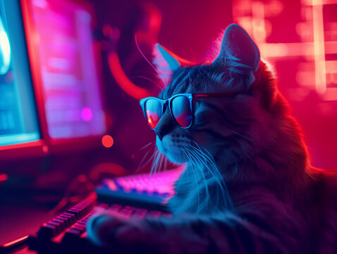 Hacker cat working with computer