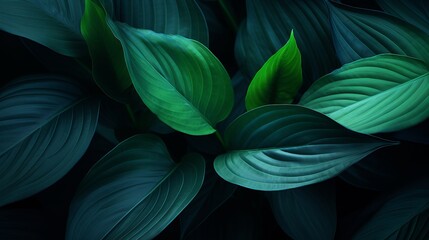 Close-up detail macro texture bright blue green leave tropical forest plant spathiphyllum cannifolium in dark nature background.Curve leaf floral botanical abstract desktop - obrazy, fototapety, plakaty