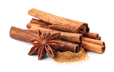 Dry aromatic cinnamon sticks, powder and anise star isolated on white
