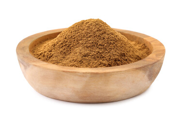 Dry aromatic cinnamon powder in wooden bowl isolated on white