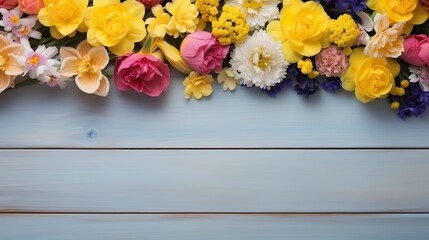 Obraz na płótnie Canvas Colorful setting of fresh springtime flowers on yellow background of painted boards with copy space