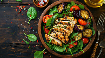 Salad of grilled vegetables and chicken fillet on a wooden table, top view