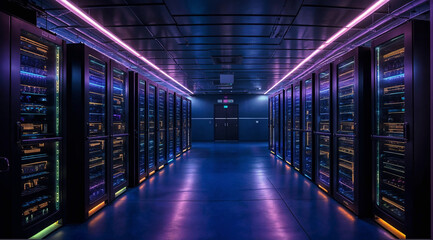 Advanced and safeguarded neon-lit data facility featuring a gleaming floor, signifying a sanitary and diligently upheld atmosphere - obrazy, fototapety, plakaty
