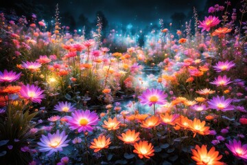 Obraz na płótnie Canvas illustration of a field of luminescent pink flowers