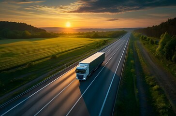 Sunset Serenade - aerial view of Truck on Countryside Highway at Sunset, Showcasing Innovating Techniques with Indigo and Green Aesthetics