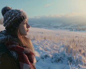 A Quiet Moment in Winter's Embrace: A Young Woman Contemplates the Peaceful Snowy Landscape as the Golden Hour Illuminates Her Surroundings