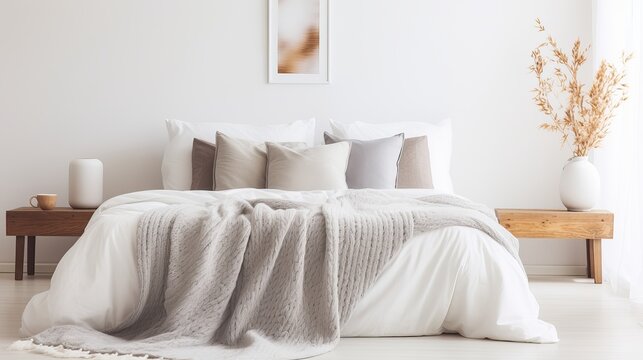 Cushions with blanket arranged on comfortable bed against white walls in contemporary bedroom at home