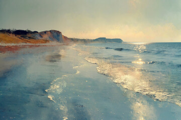 An impressionist watercolour painting of a dramatic coastline with a cloudy sky