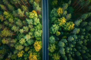 Highway Enigma - Aerial View of a Tree-Lined Highway in the Mystical Style of Rhad