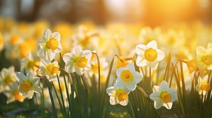 Daffodils in sunshine in springtime, easter flowers in green spring meadow on blurred bokeh background, blooming narcissus in sunlight