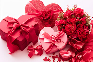 gift boxes in the shape of hearts and red roses
