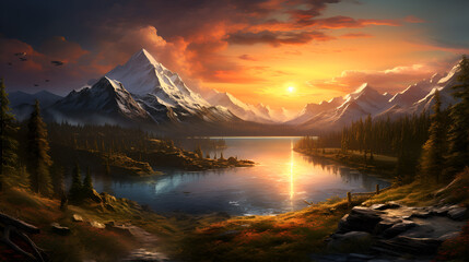 sunrise over the lake 8k wallpaper,, 
sunset in the mountains 3d image