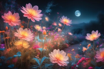Fototapeta na wymiar illustration of a field of luminescent pink flowers