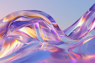 3d render abstract background in nature landscape. Transparent glossy glass ribbon on water.