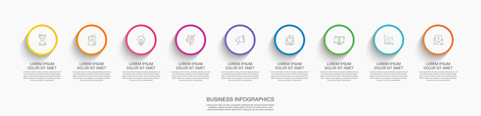 Vector timeline infographics template with nine circles and options. Blank space for web, infographic, diagram, business, digital network, flowchart, presentations