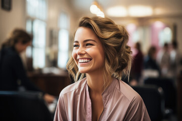 Joyful Young Woman at Hair Salon