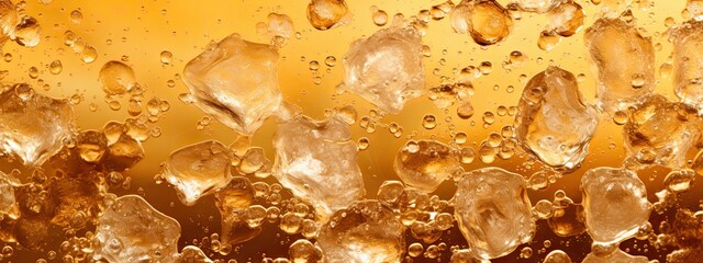 a glas of light light yellow brown soda, with alot of bubbles and smal fizzes and couple of ice cubes. Zoomed in so we see the top half of the glas, Perspective zoomed in on surface, from slighty abov