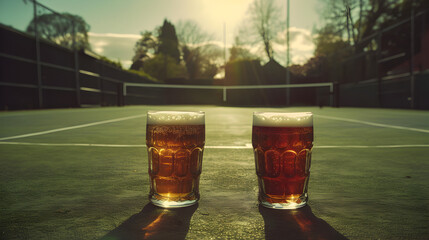Cinematic wide angle photograph of two beer pint glass Cinematic wide angle photograph of a beer pint glass at a tennis court. Product photography. Product photography. - obrazy, fototapety, plakaty