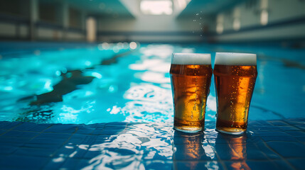 Cinematic wide angle photograph of two beer pint glass Cinematic wide angle photograph of a beer pint glass at an olympic pool venue. Product photography. Product photography. - obrazy, fototapety, plakaty