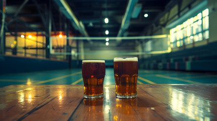 Cinematic wide angle photograph of two beer pint glass Cinematic wide angle photograph of a beer pint glass at a volleyball court. Product photography. Product photography. - obrazy, fototapety, plakaty