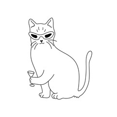 Vector isolated one single funny drunk cat in sunglasses  colorless black and white contour line easy drawing