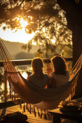 Serene Sunset Moments with Friends in a Hammock