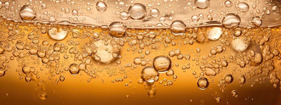 a glas of light light yellow brown soda, with alot of bubbles and smal fizzes and couple of ice cubes. Zoomed in so we see the top half of the glas, Perspective zoomed in on surface, from slighty abov