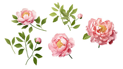 Peony Collection: Vibrant Floral Decorations for Perfume, Essential Oil, or Garden Designs - Elegant 3D Botanical Art, Isolated on Transparent Backgrounds!