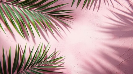 Obraz premium Mock up with natural soft shadow from palm leaves for product presentation or showcase on pink stone textured background