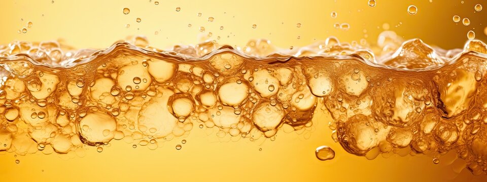 a glas of light light yellow brown soda, with alot of bubbles and smal fizzes and couple of ice cubes. Zoomed in so we see the top half of the glas, Perspective zoomed in on surface, from slighty abov