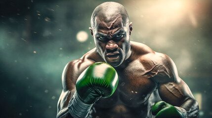 Boxer in Light Green and Black Delivering a Punch with Dramatic Effect