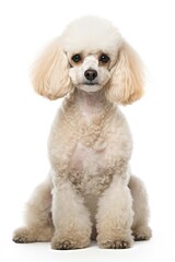 Elegant Poodle Sitting Calmly Isolated on Whitewell-groomed Poodle sitting with a poised look, isolated on a white background. - 729361055
