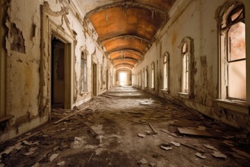 Decrepit Corridor with Peeling Walls and Ceiling