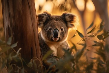 Koala Peeking from Behind a Tree at Dawn - 729361469