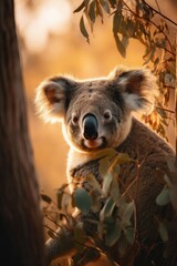 Curious Koala Clinging to Eucalyptus Tree - 729361473
