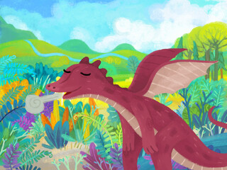 cartoon scene with forest jungle meadow wildlife with dragon dino dinosaur animal zoo scenery illustration for children © honeyflavour