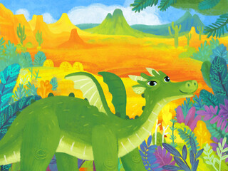 cartoon scene with forest jungle meadow wildlife with dragon dino dinosaur animal zoo scenery illustration for children © honeyflavour
