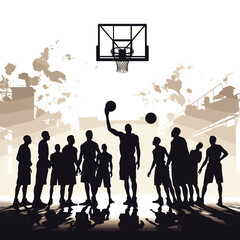 silhouette of basketball court with players