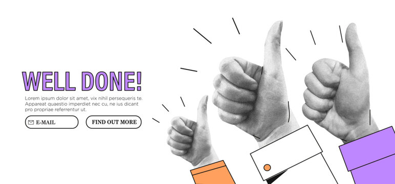 Thumb up hand gesture vector collage halftone illustration. Good, great job, well done, ok or like symbol business or marketing concept for website or social media banner, ui. Approval, agreement.