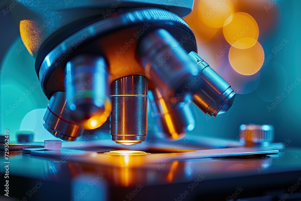 Poster the intersection of science and art a close-up view of a modern microscope illuminated by ambient li