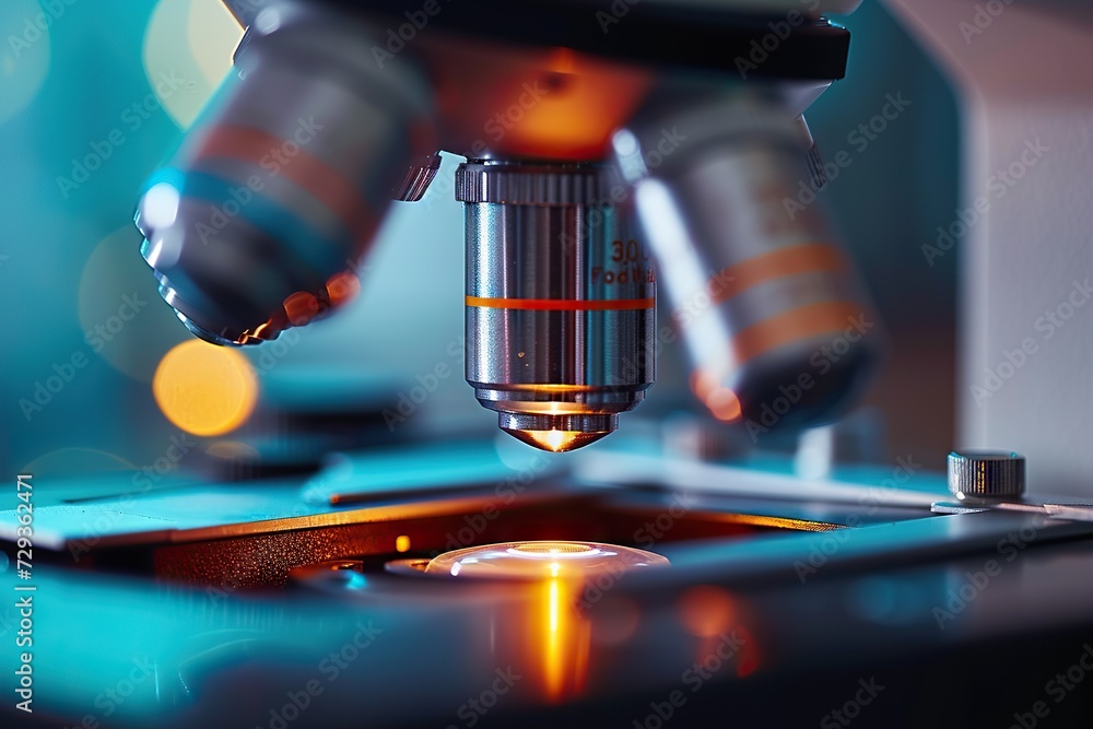 Poster the intersection of science and art a close-up view of a modern microscope illuminated by ambient li