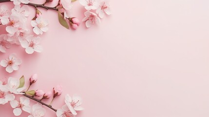 Happy women's day concept, pink plum blossom frame on pastel background. Flat lay ,top view