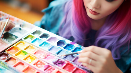 Fototapeta premium a woman with colorful hair is painting on a canvas