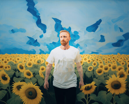 Oil painting of Van Gogh wearing a white T-Shirt in a field of sunflowers