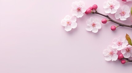 Happy women's day concept, pink plum blossom frame on pastel background. Flat lay ,top view