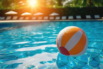 Sunset Serenity A Colorful Beach Ball Floating on a Crystal Clear Pool with Sun Loungers and Palm Trees in the Background