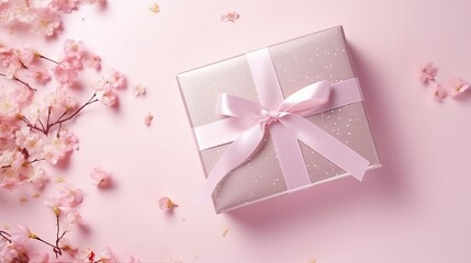 Happy womens day lettering greeting card. Gift box with pink ribbon dry pink flowers. Bright light pastel concept. Woman